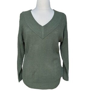 Zenana Premium Wide V-Neck Oversize Knit Sweater in Olive Green Size: S New!